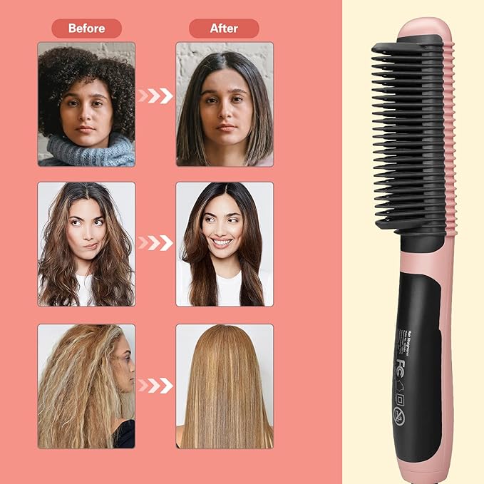 Hair Straightener Comb - Ceramic Hot Comb Hair Straightener Electric Straightening Comb for Black Hair 6 Temperature Settings, 20 Mins Auto-Off Safe & Salon Styling (Pink)