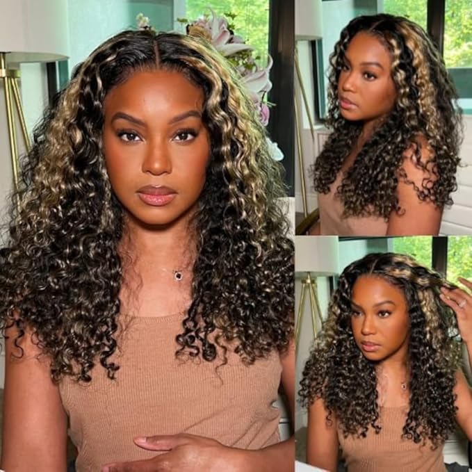 Beauty Forever 7X5 Bye Bye Knots Pre Cut Lace Balayage Black Blonde Highlights Jerry Curly Put on Go Glueless Lace Front Wig,Invisible Knots Human Hair Wigs Pre Plucked Hairline 150% Density 16 Inch
