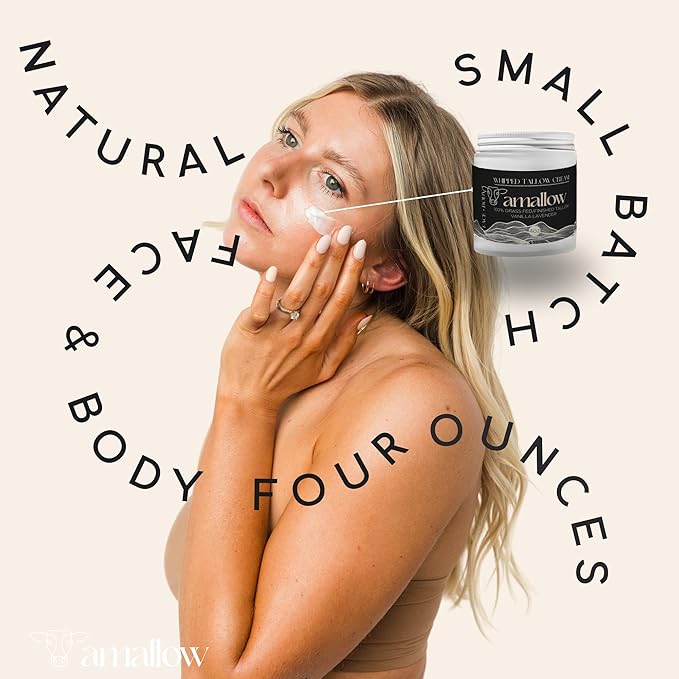 100% Grass Fed Beef Tallow for Skin Care - Face + Body - Whipped Moisturizer - Natural Lotion, 4 FL. oz. (Vanilla Lavender)