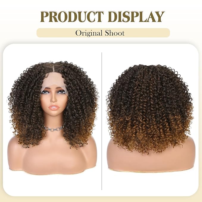 quickwig Curly Lace Front Wigs Short Kinky Curly Wig 13×4×1 HD Glueless Lace Curly Wig Ombre Brown Synthetic Lace Wigs for Women Deep Wave Hair (2/30)