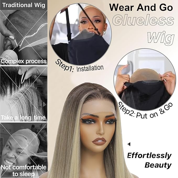 7×5 Ombre Blonde Wear and Go Glueless Wigs Pre Plucked Pre Cut for Beginners Synthetic Lace Front Wigs For Woman 26 Inch Ginger Highlights 3 Seconds to Wear