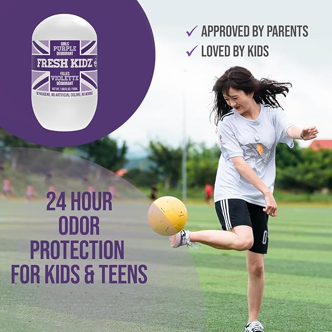 Fresh Kidz Roll On Deodorant for Kids and Teens - Baking Soda and Aluminum-free 24 Hour Protection for Sensitive Skin - Girls "Purple" 1.86 fl.oz.