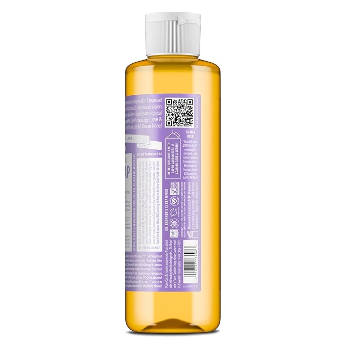 Dr. Bronner’s Pure-Castile Magic Liquid Soap (Lavender, 8 Ounce)- Made with Organic Oils, 18-in1 Uses: Face, Hair, Hand & Body Soap, Laundry, Pets- Concentrated, Vegan, Non-GMO