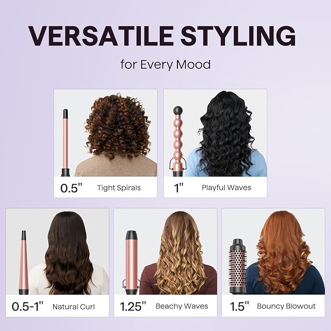 Wavytalk 5 in 1 Curling Wand Set, Multi Curl, Curling Wand Set with Curling Brush and 4 Interchangeable Ceramic Curling Wand(0.5”-1.25”), Instant Heat Up Wand Curling Iron (Rose Gold)