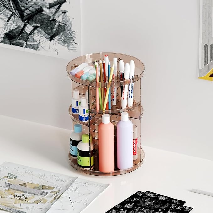 Rotating Makeup Organizer Countertop, DIY Adjustable Trays Spinning Skincare Organizers, Cosmetic Display Shelf with Perfume & Brush Holder, Multi-Function Desk Storage Carousel for Vanity Bathroom