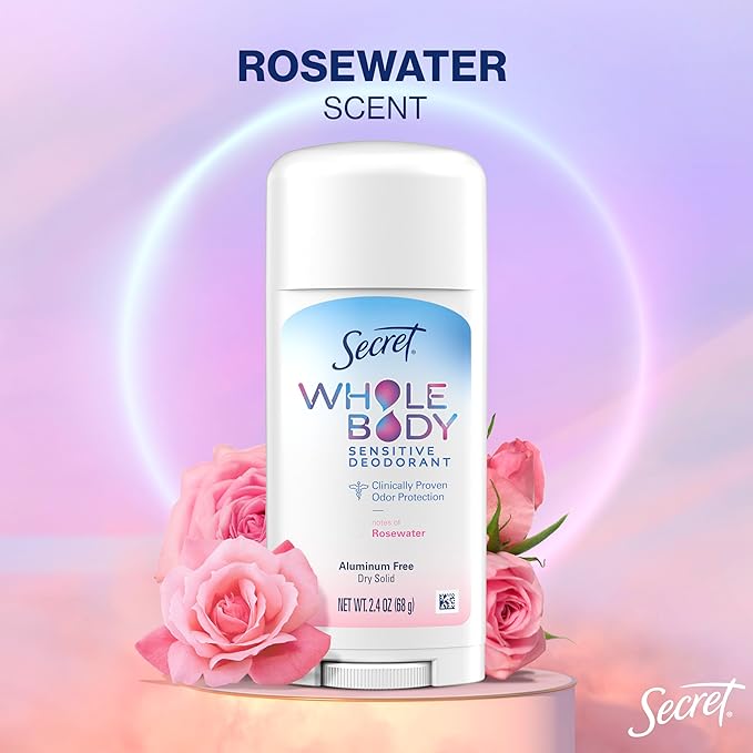 Secret Whole Body Deodorant Stick for Women, Rosewater Scent, Aluminum Free Deodorant Stick, 72 HR Odor Protection, 2.4 oz