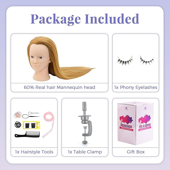 Neverland Beauty Mannequin Head with 60% Real Human Hair, 26 Inch Makeup Cosmetology Mannequin Doll Head for Hair Styling, Training Practice Braiding Manikin Head with False Eyelashes Hair Styling Set