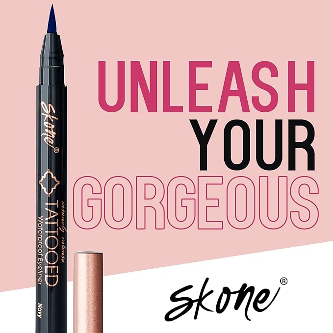 Skone Cosmetics Insanely Intense Tattooed Eyeliner Pen - Waterproof Liquid Eyeliner, Long Lasting, Sweat Proof, Smudge Proof Felt Tip Liquid Eyeliner - Pigmented Eye Liner Makeup - Navy (0.07oz)