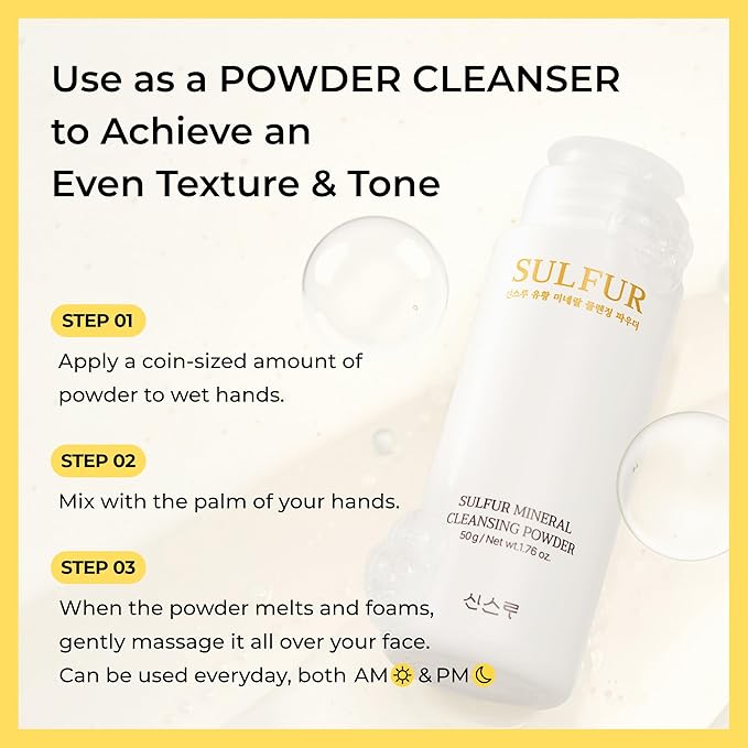 Sulfur Mineral Cleansing Powder, Exfoliating Facial Wash with Enzymes and PHA for pores and blackheads, Even Skin Tone, Radiant, Sensitive, Acne-Prone Skin, Korean Skincare(1.76 oz. 50g)