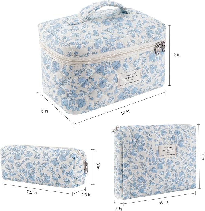 Makeup Bag, 3 Pcs Cotton Floral Quilted Makeup Bag Set, Large Toiletry Travel Cosmetic Bag for Women
