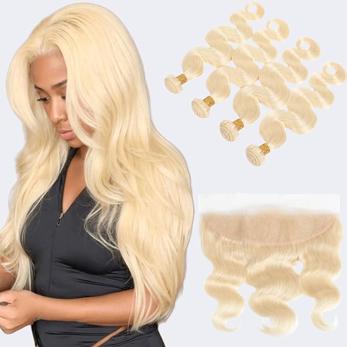 16A 613 Human Hair Bundles Blonde Body Wave Hair with 13x4 HD Lace Frontal Closure (14 16 18 20+12Free Part) 100% Brazilian Virgin Unprocessed Hair 4 Bundles Deals Hair Extensions