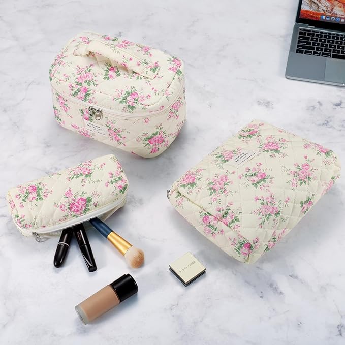 Makeup Bag, 3 Pcs Cotton Floral Quilted Makeup Bag Set, Large Toiletry Travel Cosmetic Bag for Women