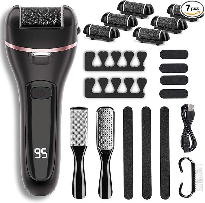 Rechargeable Electric Callus Remover for Feet with 6 Roller Heads, Dual-Speed Foot File, Waterproof Pedicure Kit 20 in 1 for Smooth Skin and Foot Spa