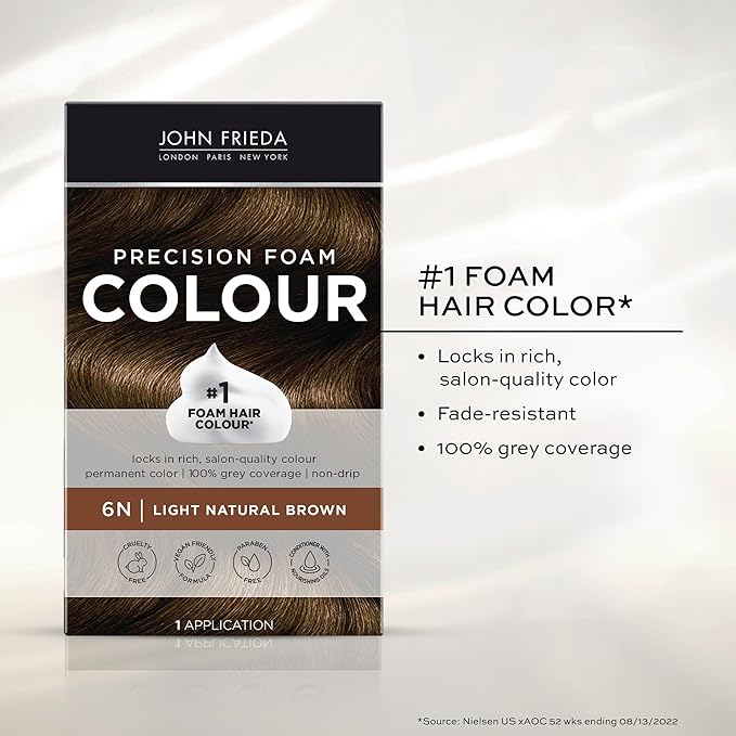 John Frieda Precision Foam Colour, Light Natural Brown 6N, Full-coverage Hair Color Kit, Anti-Fade Gray Coverage, Deep Color Saturation Hair Dye, Pack of 2
