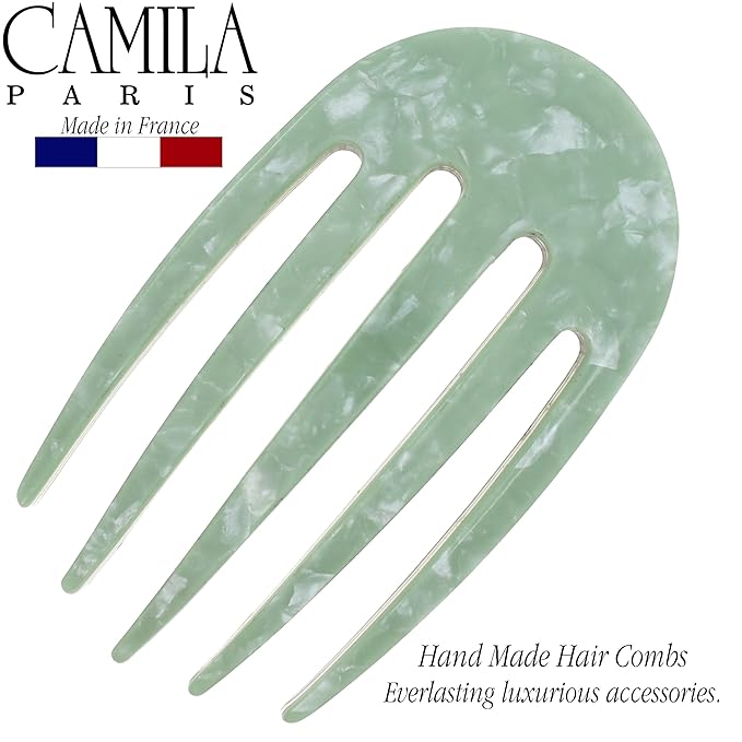 Camila Paris CP3411 French Hair Side Comb Small Rounded, Green, Handmade French Twist Hair Combs, Strong Hold Hair Clips for Women Bun Chignon, No Slip Styling Girls Hair Accessories Made in France