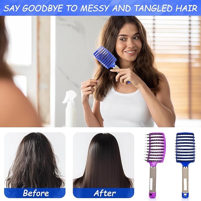 Wet Hair Detangling Brush for Blow Drying,Hair Detangler Brush for Women and Kids ,Boar Bristle Hair Brushes 2 PACK(BLUE+PURPLE)