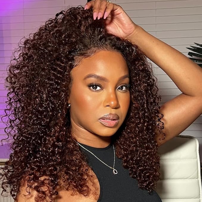 Beauty Forever Bye Bye Knots 7X5 Pre Cut Lace Put on and Go Wig Jerry Curly Reddish Brown Lace Front Wigs, Auburn Brown Glueless Human Hair Wigs 180% Density 20 Inch