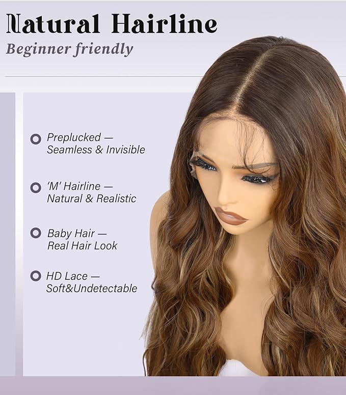13x4 Synthetic Lace Front Wig Preplucked with Baby Hair Long Wavy Amber Brown with Highlight Wig Glueless 26 Inch Suitable for Festivals and Everyday Use