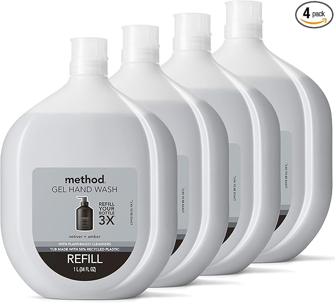 Method Premium Gel Hand Wash Refill, Vetiver + Amber, Recyclable Bottles, Biodegradable Formula, 34 fl oz (Pack of 4) (Packaging May Vary)