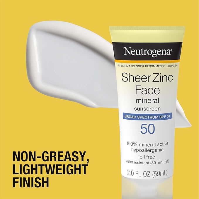 Neutrogena Sheer Zinc Oxide Dry-Touch Mineral Face Sunscreen Lotion with Broad Spectrum SPF 50, Oil-Free, Non-Comedogenic & Non-Greasy, Hypoallergenic, 2 fl. oz