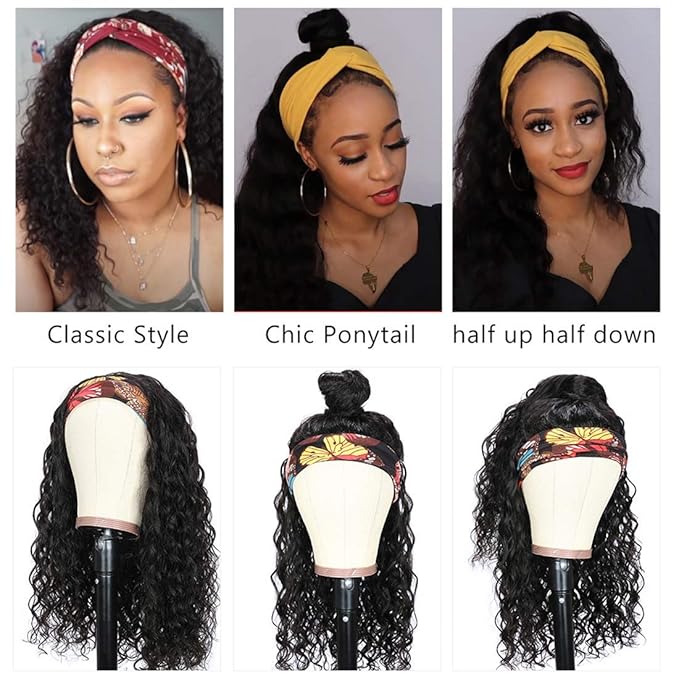 Beauty Forever Headband Human Hair Wigs Water Wave Glueless Human Hair Wigs With Pre-attached Scarf Non Lace Front Wigs for women Natural Color 150% Density 18 Inch
