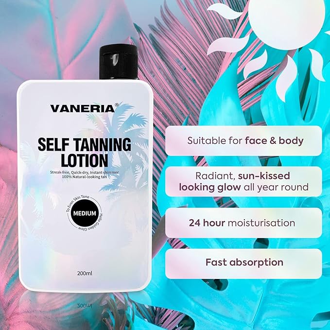 VANERIA Gradual Self Tanner Lotion,Sunless Tanning Lotion,Hydrating,Natural,Long Lasting,Light/Medium/Dark Bronze,Vegan and Cruelty Free.200ml (Dark)