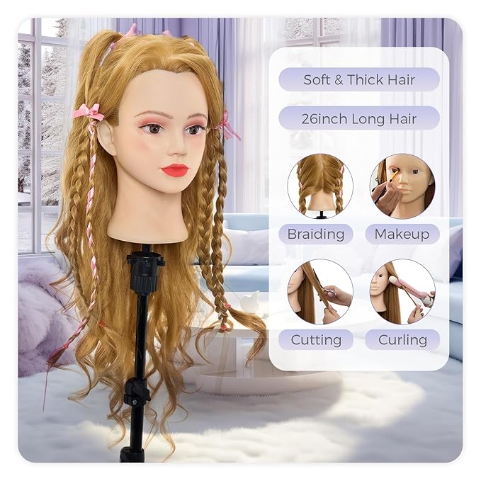 Neverland Beauty Mannequin Head with 60% Real Human Hair, 26 Inch Makeup Cosmetology Mannequin Doll Head for Hair Styling, Training Practice Braiding Manikin Head with False Eyelashes Hair Styling Set