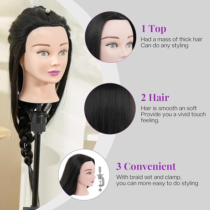 Neverland Beauty Mannequin Head with 80% Real Human Hair, 26 Inch Cosmetology Mannequin Doll Head for Hair Styling, Training Practice Braiding Manikin Head with Table Clamp, Hair Styling Set #1B