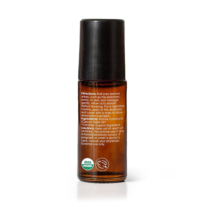 Plant Therapy Organic Castor Oil Roll On 30 mL (1 oz) Convenient Mess-Free Body Oil Roll-on for Easy Application, Cold-Pressed & Hexane-Free, Third-Party Tested for Purity