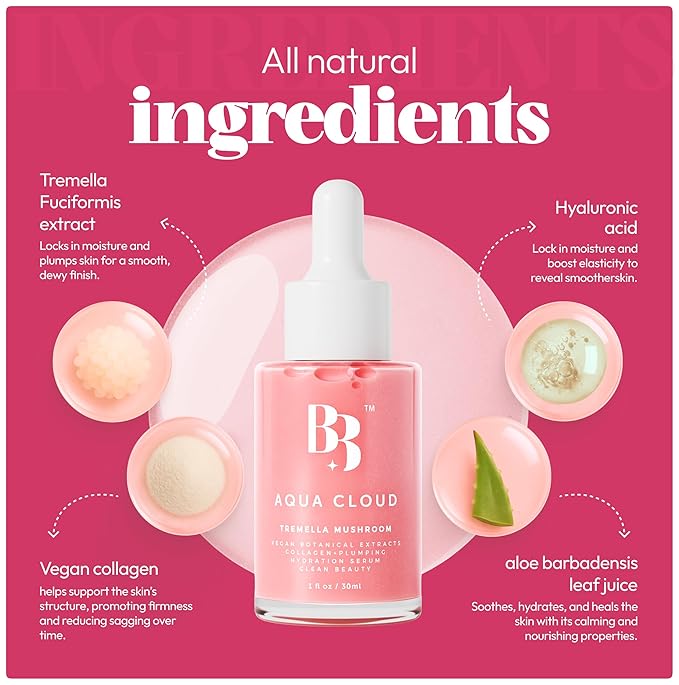 BIJOU BIJOU Aqua Cloud Serum - Natural Kbeauty Tremella Mushroom & Hyaluronic Acid Serum, Firming & Hydrating Face Moisturizer, Vegan Collagen, Reduces Fine Lines & Wrinkles, All Skin Types, 1 oz