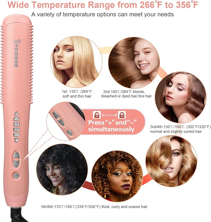 Hair Straightener Comb - Ceramic Hot Comb Hair Straightener Electric Straightening Comb for Black Hair 6 Temperature Settings, 20 Mins Auto-Off Safe & Salon Styling (Pink)