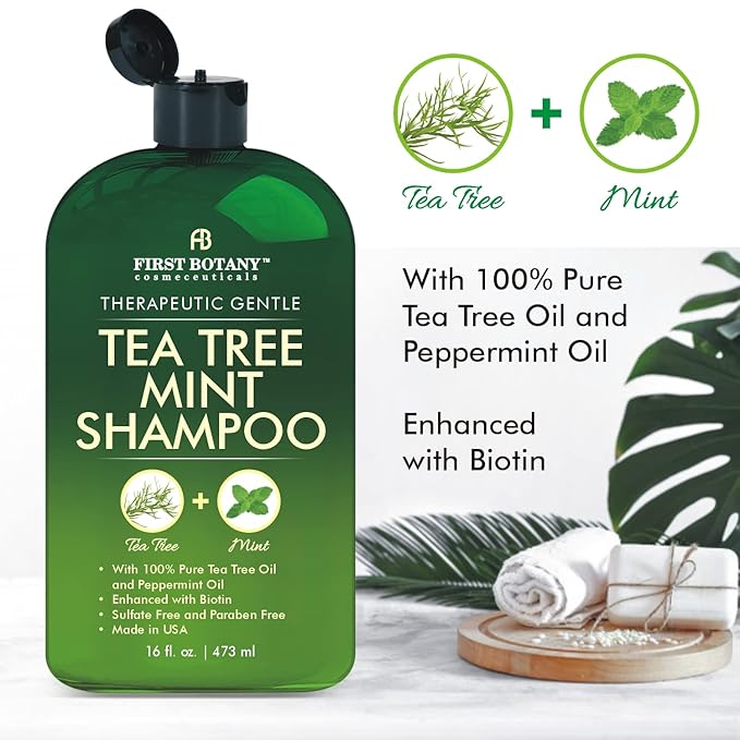 First Botany, Tea Tree Oil Shampoo 16 fl oz - Anti Dandruff Shampoo Natural Oil cleanser For Dry Itchy & Flaky Scalp - Sulfate Free Paraben Free Cleanser - Prevents Head Lice & Thinning
