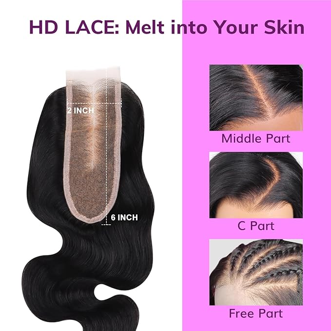 IDN BEAUTY SKINLIKE REAL HD 2X6 Lace Closure Human Hair 18 Inch Body Wave Closure Bleached Single Knots HD Closure Ultra-thin 2x6 Lace Closure Virgin Human Hair 0.1 mm Pre Plucked Hairline Closure
