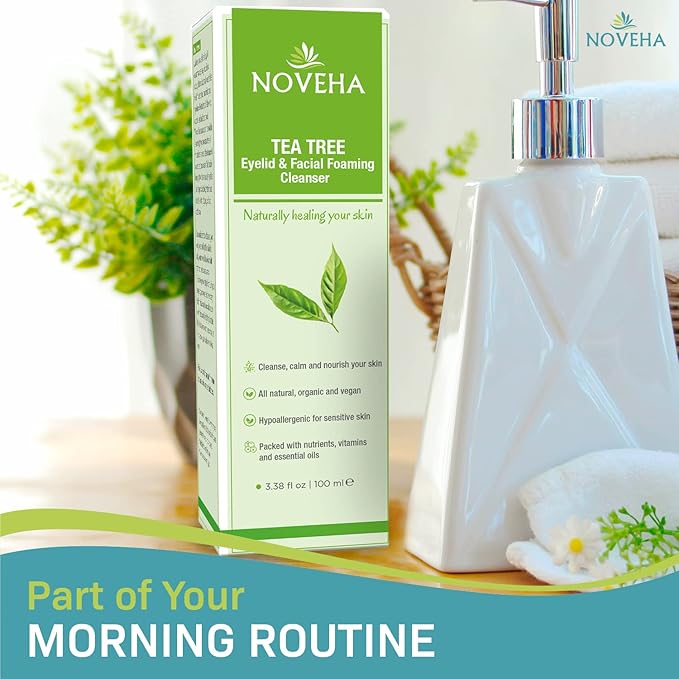 NOVEHA Tea Tree Oil Foaming Gentle Cleanser | Therapeutic Daily Skincare For Eyelash & lids, Eye Irritations, Stye Eyes, Skin Dryness, Moisturize with Organic Ingredients, All Types, 3.38 Ounce