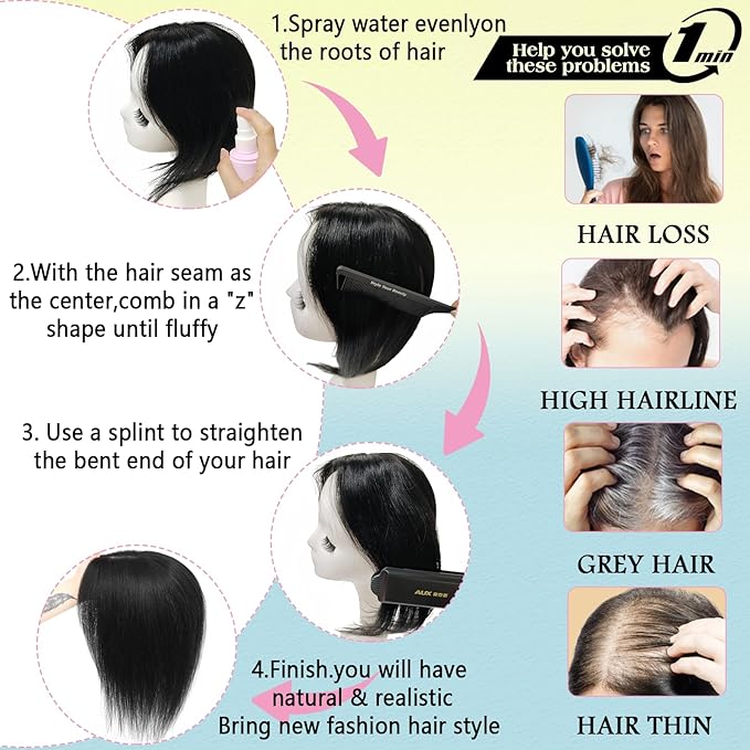 Hair Toppers for Women Real Human Hair, 360° 3D Toppers Pieces for Women with Thinning Crown Wispy Bangs 12 Inch Upgrade Big Basement (Natural Black, 12 Inch Wispy Bangs)