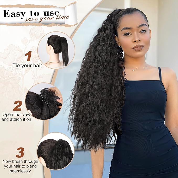 AISI BEAUTY Claw Clip Ponytail Extensions,30 Inch Long Curly Ponytail Extension for Women Fluffy Blonde Highlights Synthetic Ponytail Hairpiece for Daily Use