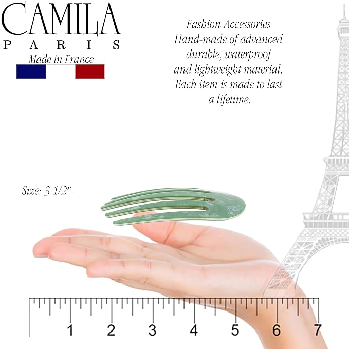 Camila Paris CP3411 French Hair Side Comb Small Rounded, Green, Handmade French Twist Hair Combs, Strong Hold Hair Clips for Women Bun Chignon, No Slip Styling Girls Hair Accessories Made in France
