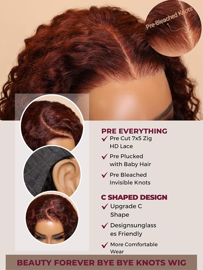 Beauty Forever Bye Bye Knots 7x5 Lace Front Wig Put on and Go Glueless Kinky Curly Human Hair Wigs,Reddish Brown Pre Cut Lace Closure Wigs Pre Plucked Hairline Pre Bleached Knots 150% Density 24inch