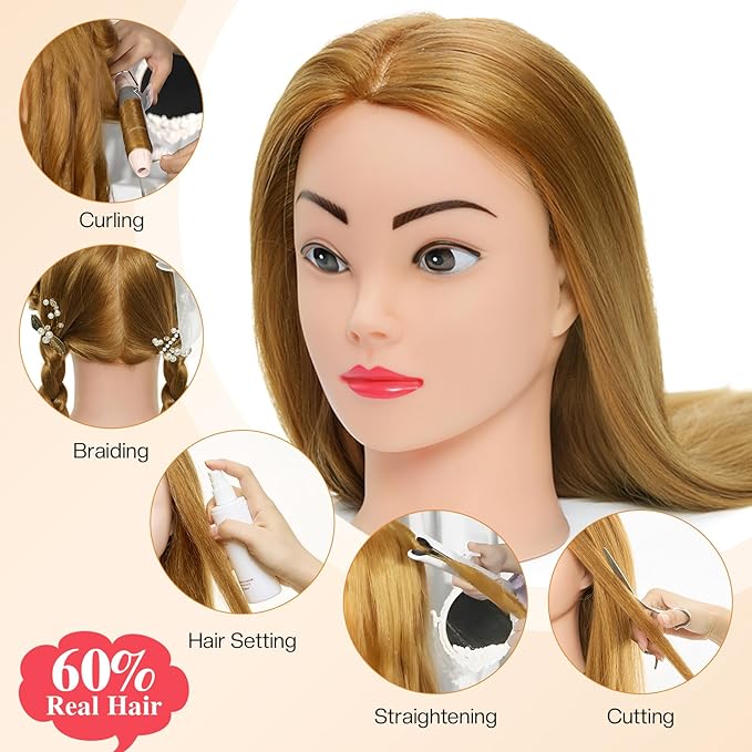 Neverland Beauty Mannequin Head with 60% Real Human Hair, 26 Inch Cosmetology Mannequin Doll Head for Hair Styling, Training Practice Braiding Manikin Head with Clamp and Hair Styling Braid Set