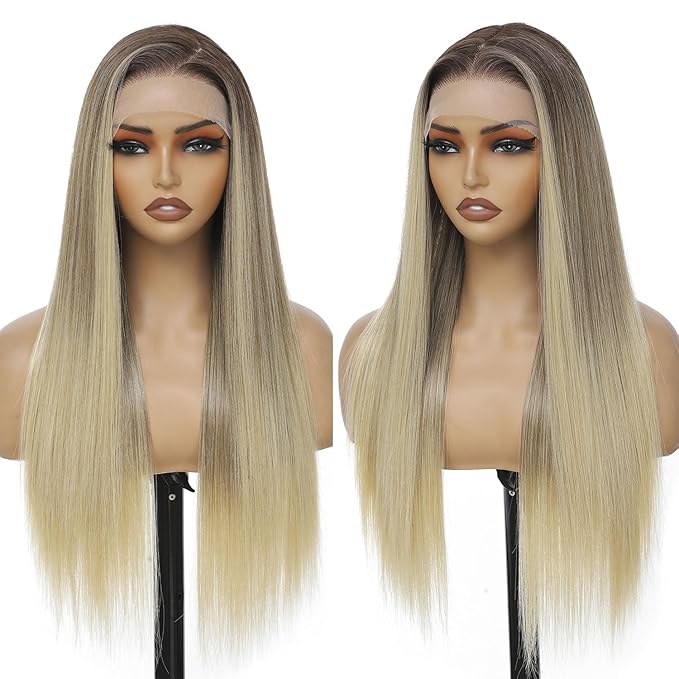 7×5 Ombre Blonde Wear and Go Glueless Wigs Pre Plucked Pre Cut for Beginners Synthetic Lace Front Wigs For Woman 26 Inch Ginger Highlights 3 Seconds to Wear