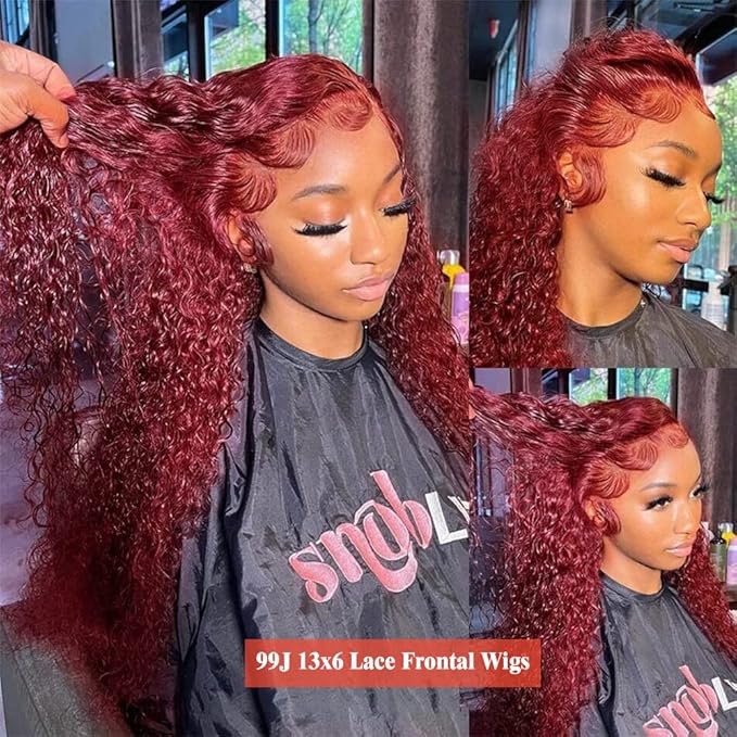 CHEETAHBEAUTY 99J Burgundy Deep Wave 13X6 HD Transparent Lace Front Wig Human Hair Brazilian Virgin Human Hair Wigs for Black Women Deep Curly Wigs Pre Plucked with Baby Hair 250% Density(32inch)