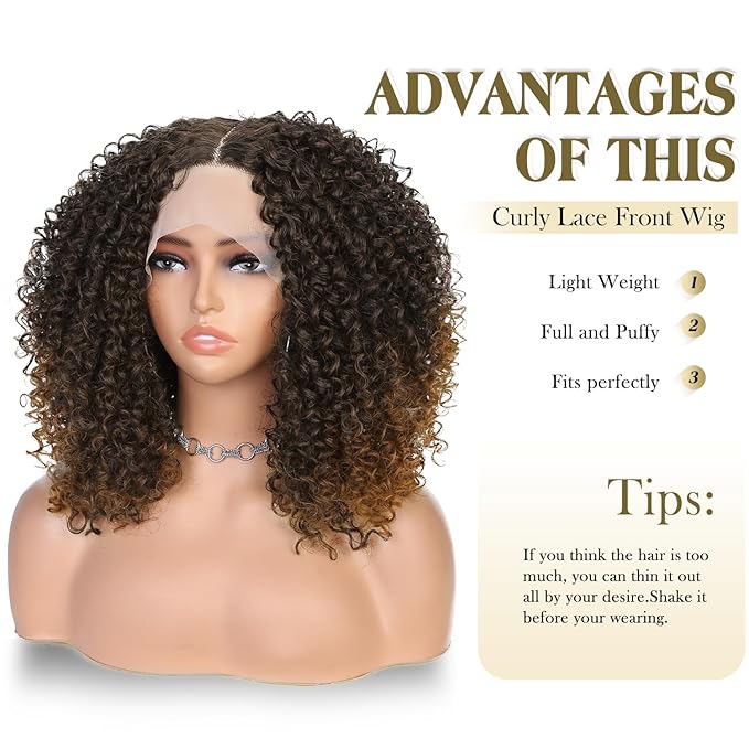 quickwig Curly Lace Front Wigs Short Kinky Curly Wig 13×4×1 HD Glueless Lace Curly Wig Ombre Brown Synthetic Lace Wigs for Women Deep Wave Hair (2/30)