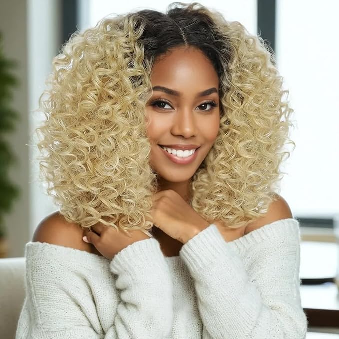 Felek 16inch Curly Lace Front Wigs Middle Part Jerry Curl Wig Blonde Color with Dark Roots T Lace Front Synthetic Pre-Plucked Deep Curly Wigs For Black Women(T4/Blonde)