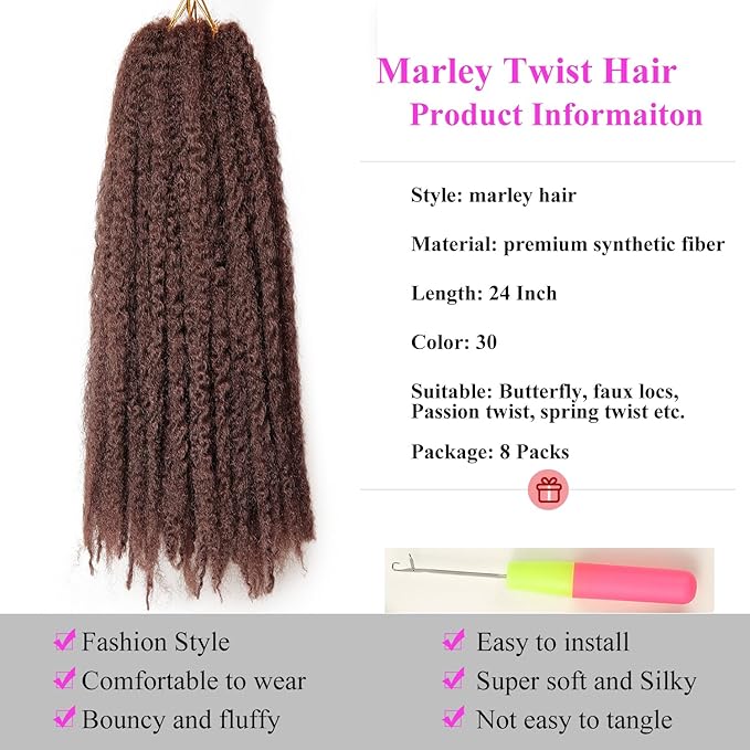 Marley Twist Braiding Hair 24 Inch 8 Packs โ Fluffy&Tangle-Free Cuban Twist Hair for Braiding, Natural Look Synthetic Long-Lasting Spring Afro Kinky Twist Hair Extensions (30)