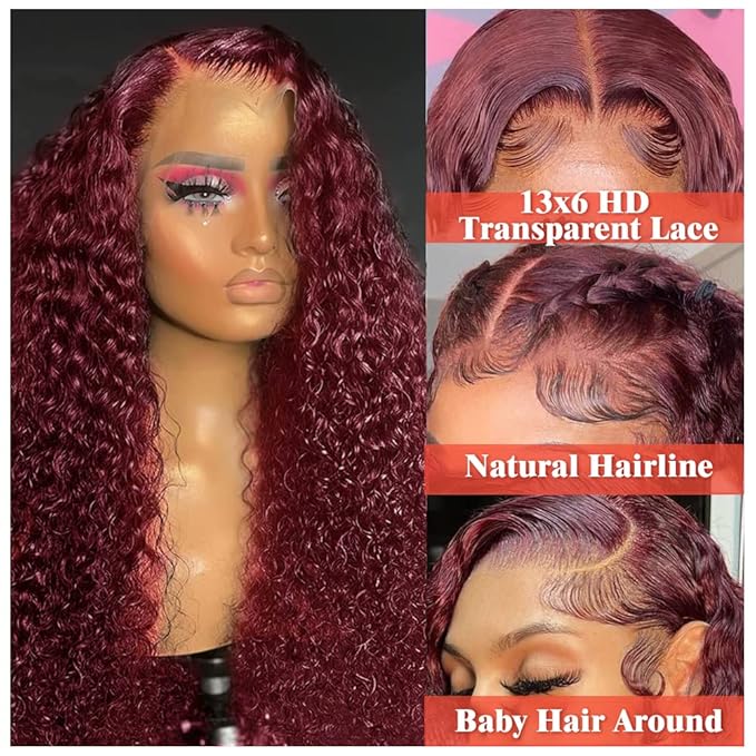 CHEETAHBEAUTY 99J Burgundy Deep Wave 13X6 HD Transparent Lace Front Wig Human Hair Brazilian Virgin Human Hair Wigs for Black Women Deep Curly Wigs Pre Plucked with Baby Hair 250% Density(32inch)
