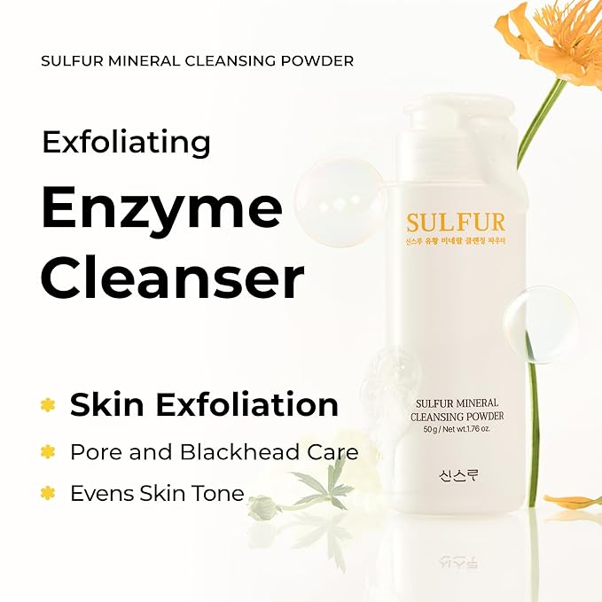 Sulfur Mineral Cleansing Powder, Exfoliating Facial Wash with Enzymes and PHA for pores and blackheads, Even Skin Tone, Radiant, Sensitive, Acne-Prone Skin, Korean Skincare(1.76 oz. 50g)