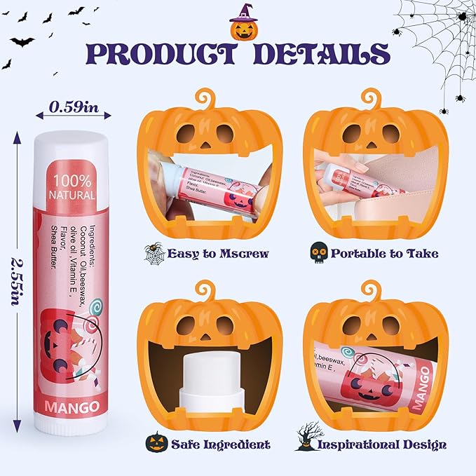 Dmsky Halloween Lip Balm,10 Flavors Natural Lip Balm in Bulk, Moisturizing Lip Balm Stocking Dry Lips, Men Women Kids Party Gifts, Lip Care Set 88 count (4.2g/0.15 Oz)