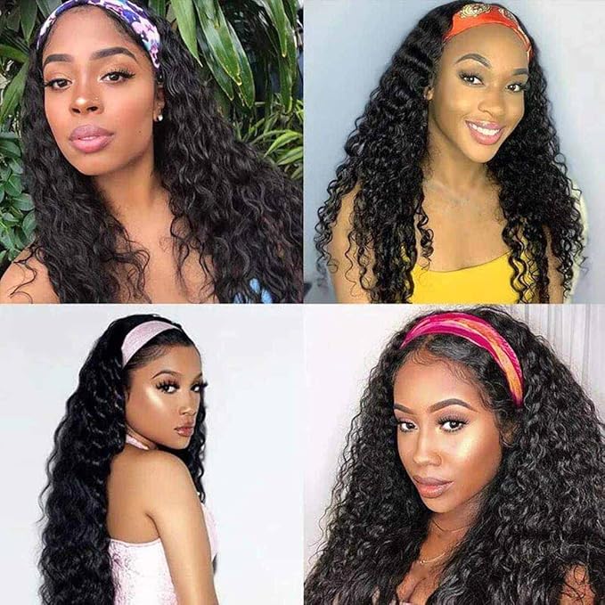 Beauty Forever Headband Human Hair Wigs Water Wave Glueless Human Hair Wigs With Pre-attached Scarf Non Lace Front Wigs for women Natural Color 150% Density 18 Inch