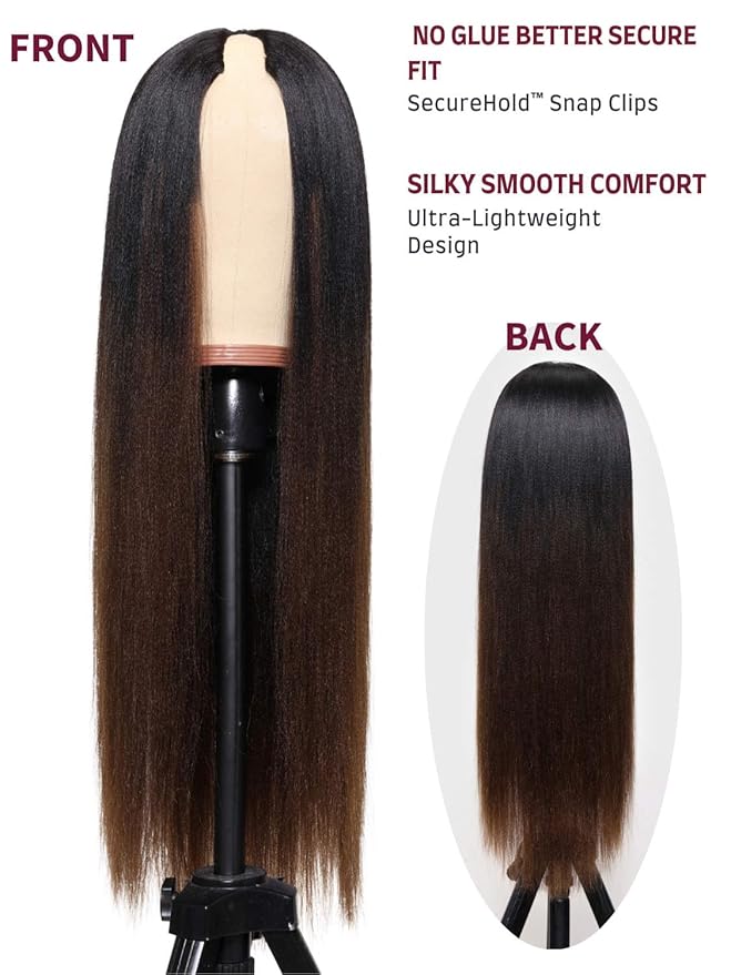 Beauty Forever V Part Wig Human Hair Yaki Straight EasiContour Vpart Wigs No Leave Out Ombre Chestnut Brown Glueless Upgraded U Part Wigs for Women None Lace Front Wigs T128 Color 150% Density 18inch