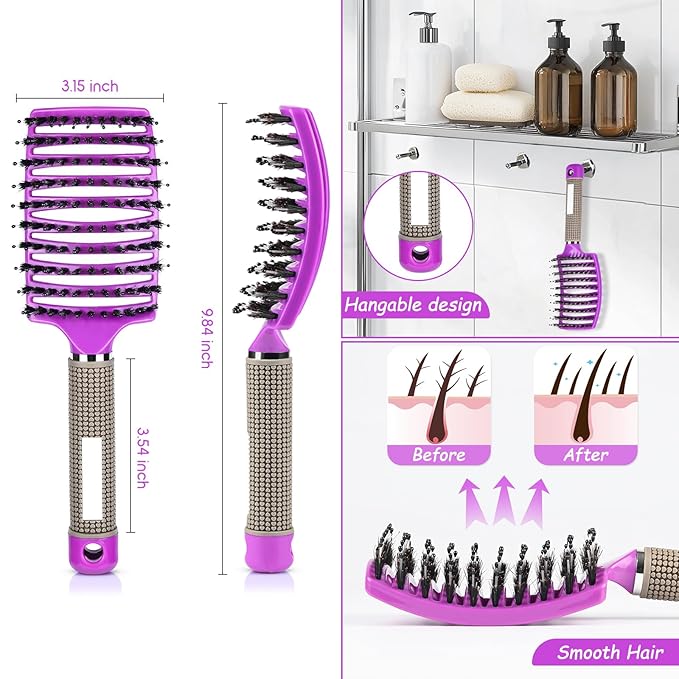 Wet Hair Detangling Brush for Blow Drying,Hair Detangler Brush for Women and Kids ,Boar Bristle Hair Brushes for Women Detangler 2 PACK(PINK+PURPLE)